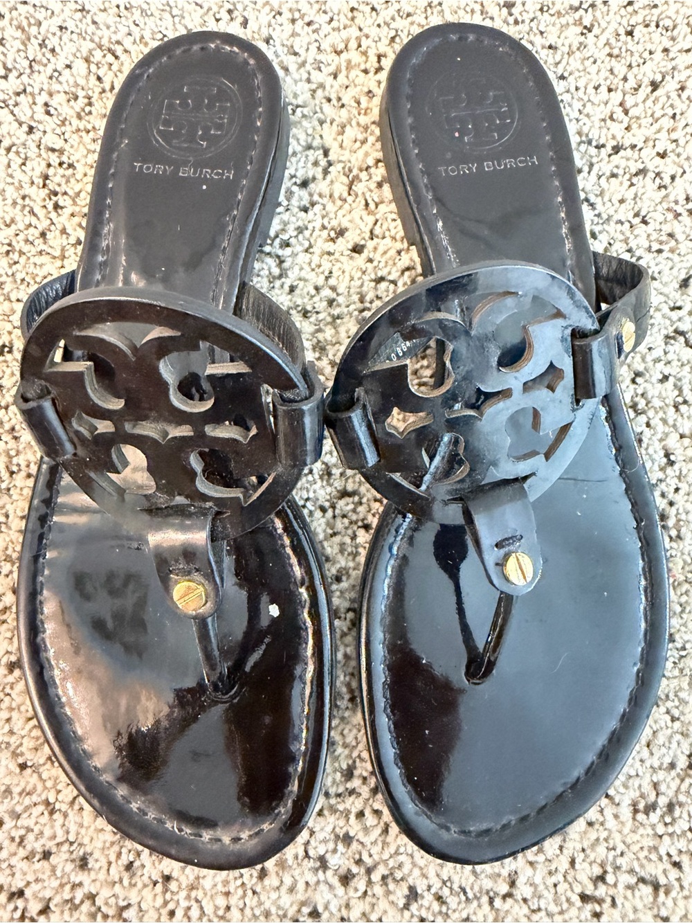 Tory Burch Black Patent Miller Thong Sandals with Logo Medallion